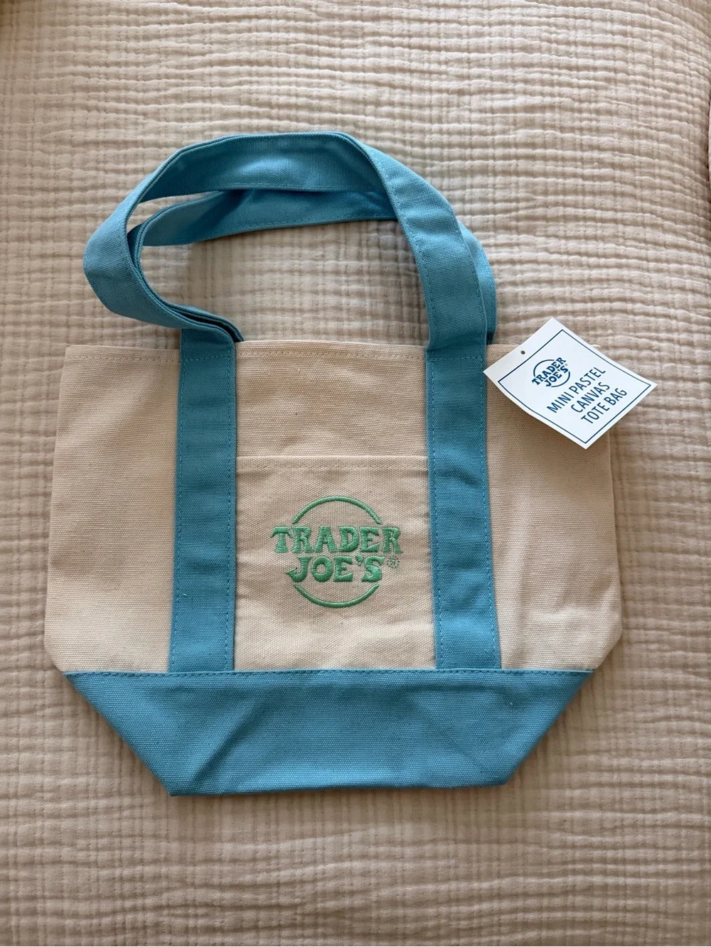Cream and Teal Canvas Mini Tote Bag